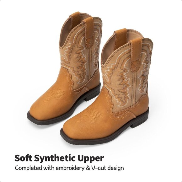 Boys Girls Cowboy Boots Toddler Kids Western Square Toe Mid Calf Brown Boots - Picture 2 of 6